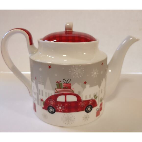 Stechcol Gracie China Red Plaid Red Car Christmas Teapot 4 Cup Dishwasher Safe - Picture 3 of 7